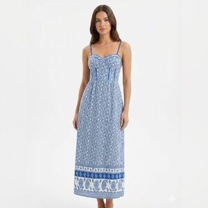 B O G Collective Blue White Paisley Corset Midi Dress Size Small